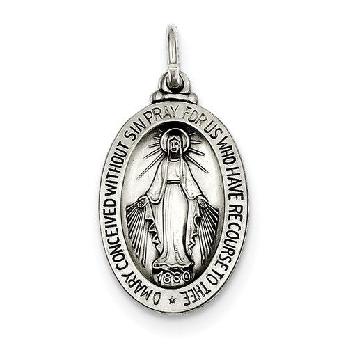 Sterling Silver Antiqued Miraculous Medal Charm Pendant (28X19 MM)