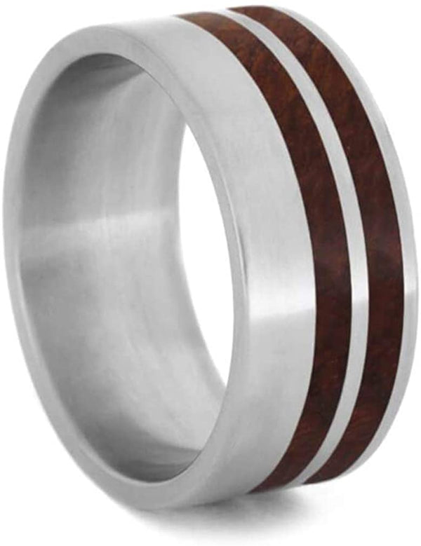 Men's Titanium Amboyna Burl Wood 10mm Comfort-Fit Flat Band, Handmade, Size 14