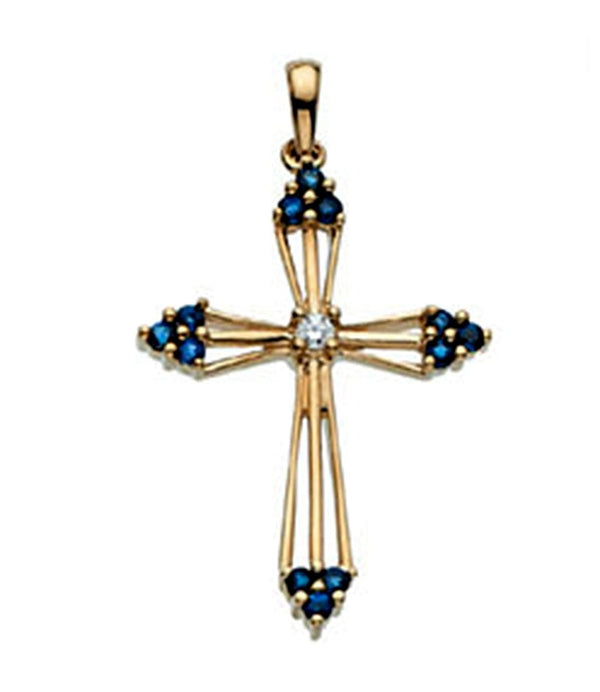Diamond and Sapphire Passion Cross 14k Yellow Gold Pendant
