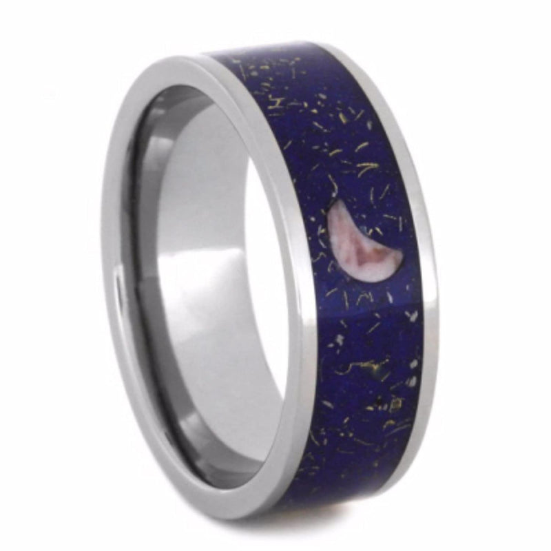 Rhodonite Crescent Moon, Blue Stardust, 14k Yellow Gold 8mm Comfort-Fit Titanium Wedding Band, Size 11.75