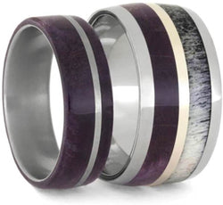 Men's Purple Box Elder Burl, Deer Antler Titanium Band, Women's Purple Box Elder Burl Wood Titanium Band Sizes M10-F7