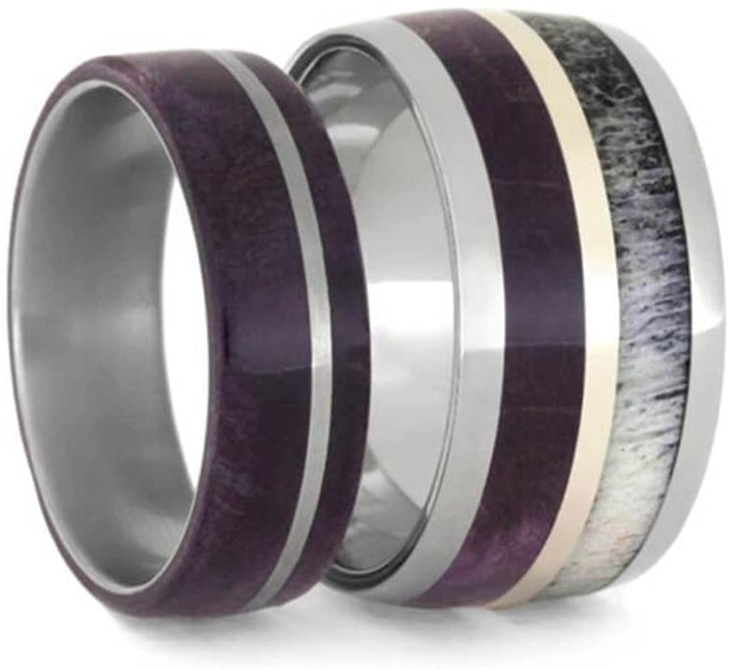 His and Hers Deer Antler, Purple Box Elder Burl Titanium Band, Purple Box Elder Burl Wood Titanium Band Sizes M13-F5