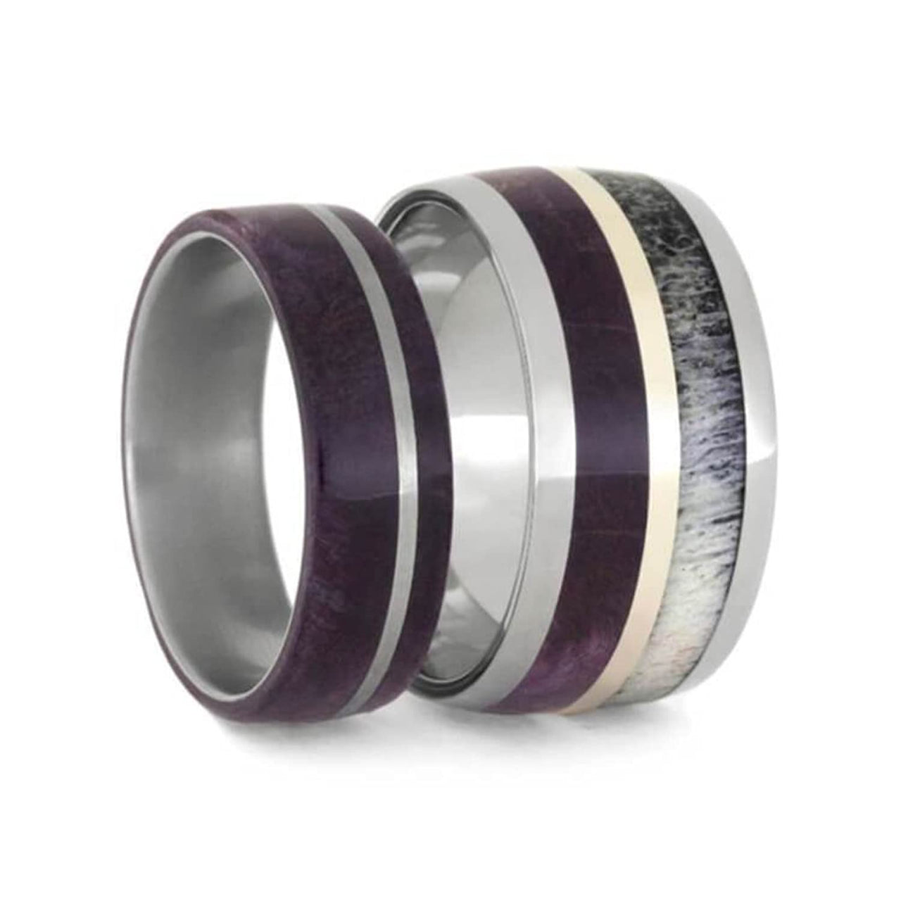 Purple Box Elder Burl, Deer Antler, 14k White Gold Comfort-Fit Titanium Couples Wedding Band Set