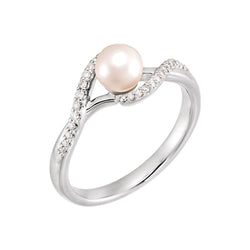 White Freshwater Cultured Pearl, Diamond Bypass Ring, Rhodium-Plated 14k White Gold (5-5.5mm)(0.1 Ctw, G-H color, I1 Clarity)