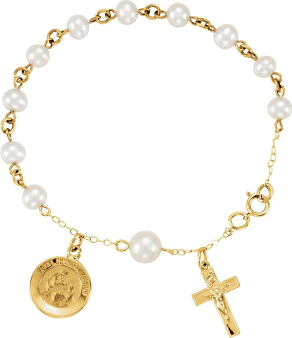 14k Yellow Gold and White Freshwater Pearls First Holy Communion Rosary Bracelet, 6"