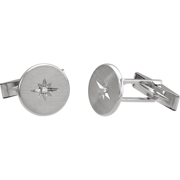 Diamond Satin Brushed Round Rhodium-Plated 14k White Gold Cuff Links (.03 Ctw, Color G-H, Clarity I1)