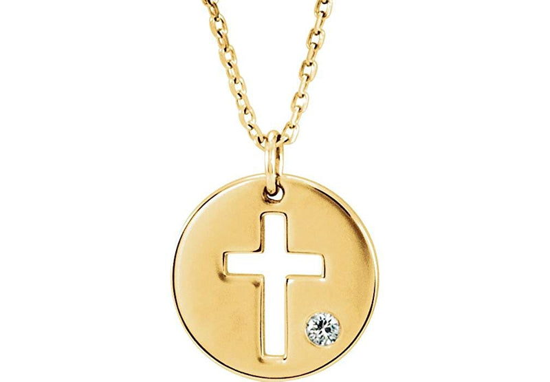 Diamond Pierced Cross Disc Pendant Necklace in 14k Yellow Gold (.03 Ctw, Color G-H, Clarity I1)
