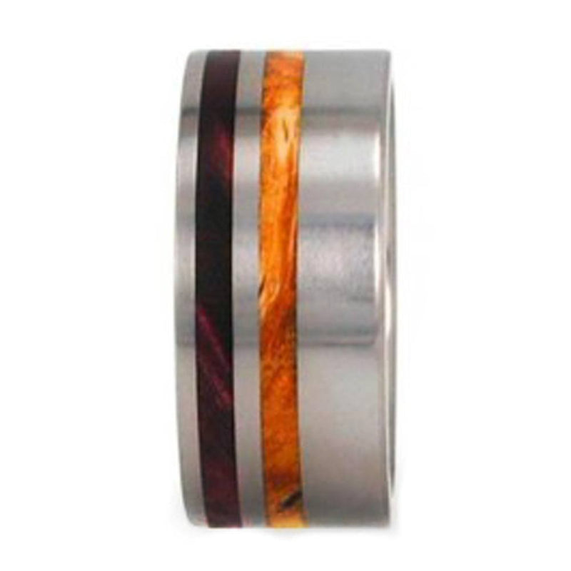 Gold Box Elder Burll Wood and Redwood 10mm Comfort-Fit Titanium Band, Size 15.75