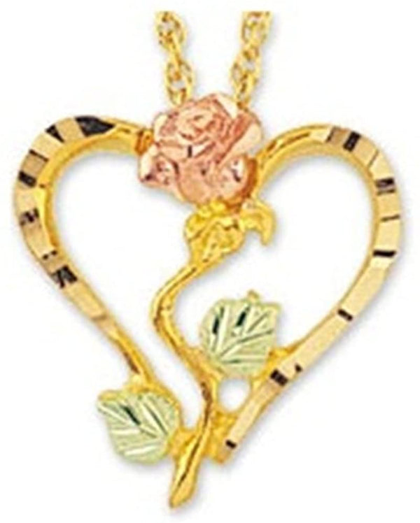 Heart Rose Pendant Necklace, 10k Yellow Gold, 12k Green and Rose Gold Black Hills Gold Motif, 18"