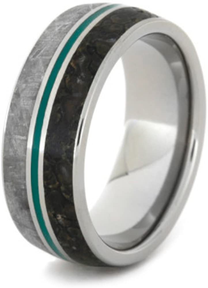 Dinosaur Bone, Gibeon Meteorite, Green Pinstripe 9mm Comfort-Fit Titanium Band, Size 10.5