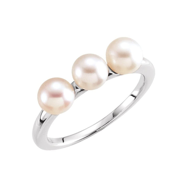 White Freshwater Cultured Pearl Three Stone Ring, Rhodium-Plated 14k White Gold (5.5-6mm) Size 7