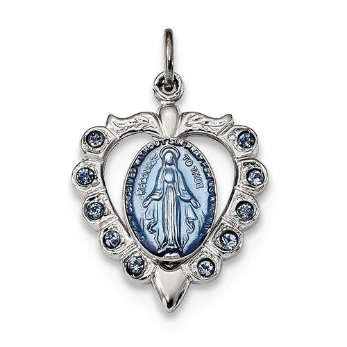 Sterling Silver Epoxy and Crystal Miraculous Medal Heart Pendant (20.5X16.5MM)