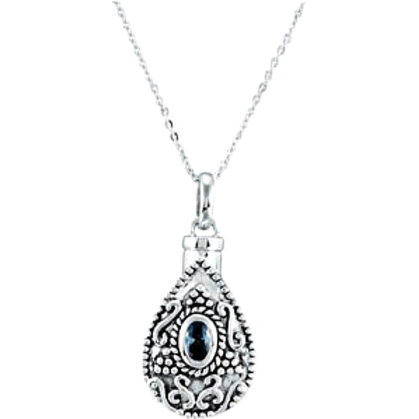 Blue-Green CZ Teardrop Ash Holder Necklace, Rhodium Plate Sterling Silver, 18"