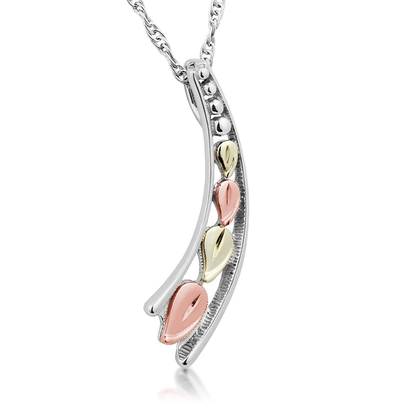 Graduated Leaf Curved Bar Pendant Necklace, Rhodium Plated Sterling Silver, 10k Green and Rose Gold, 18" to 22"