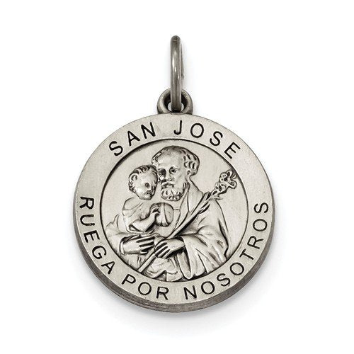 Sterling Silver Satin Antiqued Spanish St. Joseph Medal Pendant (21X19MM)