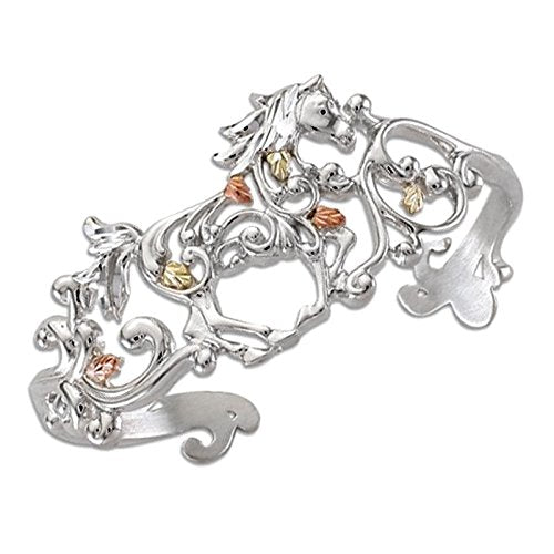 crollwork Horse Cuff Bracelet for Women, Sterling Silver with 12k Green & Rose Black Hills Gold Accents, Equestrian Western Open Cuff, Horse Lover Statement Jewelry, 6.75 Inches