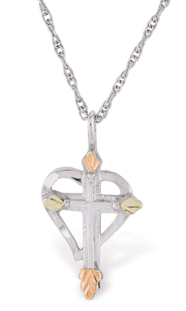 Heart Cross Pendant Necklace, Sterling Silver, 12k Green and Rose Gold Black Hills Gold Motif, 18"