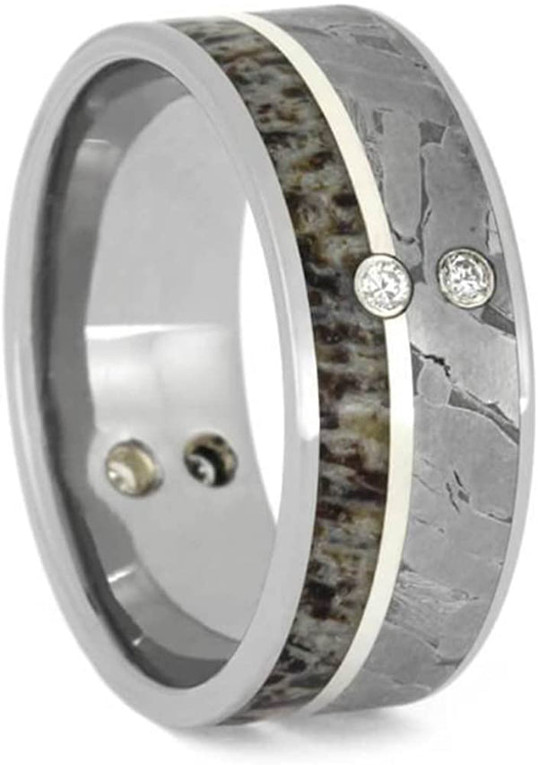 The Men's Jewelry Store (Unisex Jewelry) Diamond, Seymchan Meteorite, Deer Antler, Sterling Silver 9mm Titanium Comfort-Fit Wedding Band, Size 13