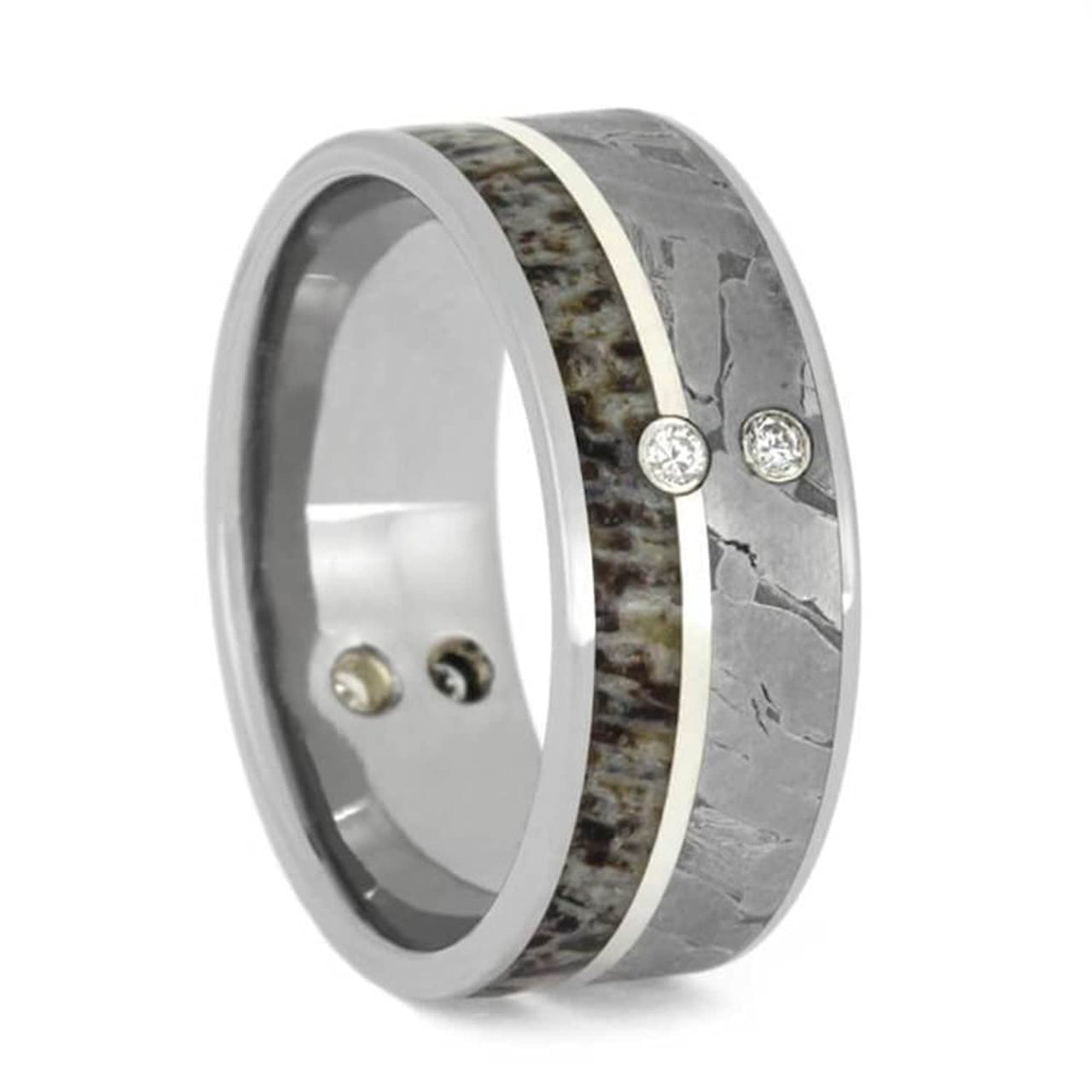 The Men's Jewelry Store (Unisex Jewelry) Diamond, Seymchan Meteorite, Deer Antler, Sterling Silver 9mm Titanium Comfort-Fit Wedding Band