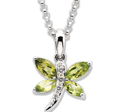 14k White Gold Peridot Marqise and Diamond Dragonfly Pendant Necklace. 18"