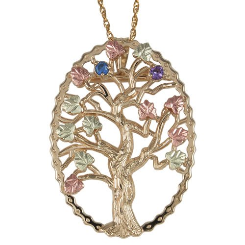 Sapphire and Amethyst Tree Pendant Necklace, 10k Yellow Gold, 12k Green and Rose Gold Black Hills Gold Motif, 18"