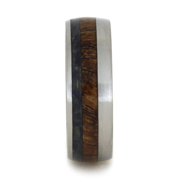 Blue Sea Glass, Mesquite Burl Wood 7mm Comfort-Fit Matte Titanium Band, Size 8.75