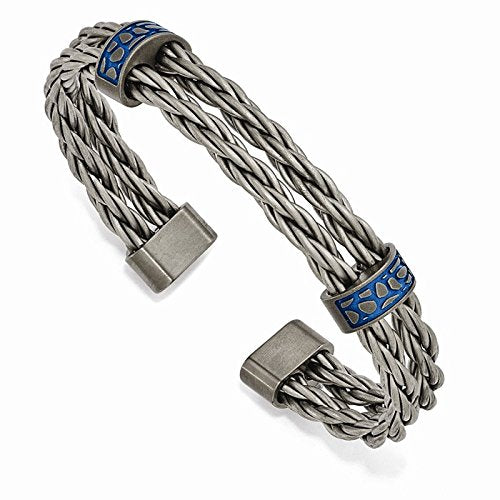 Men's Cobblestone Collection Gray Titanium with Blue Anodized Stations Cuff Bracelet, 7.5"