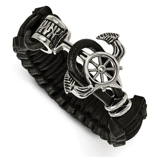 Men's Polished Stainless Steel Black Leather Anchor Toggle Antiqued Bracelet, 8.5"