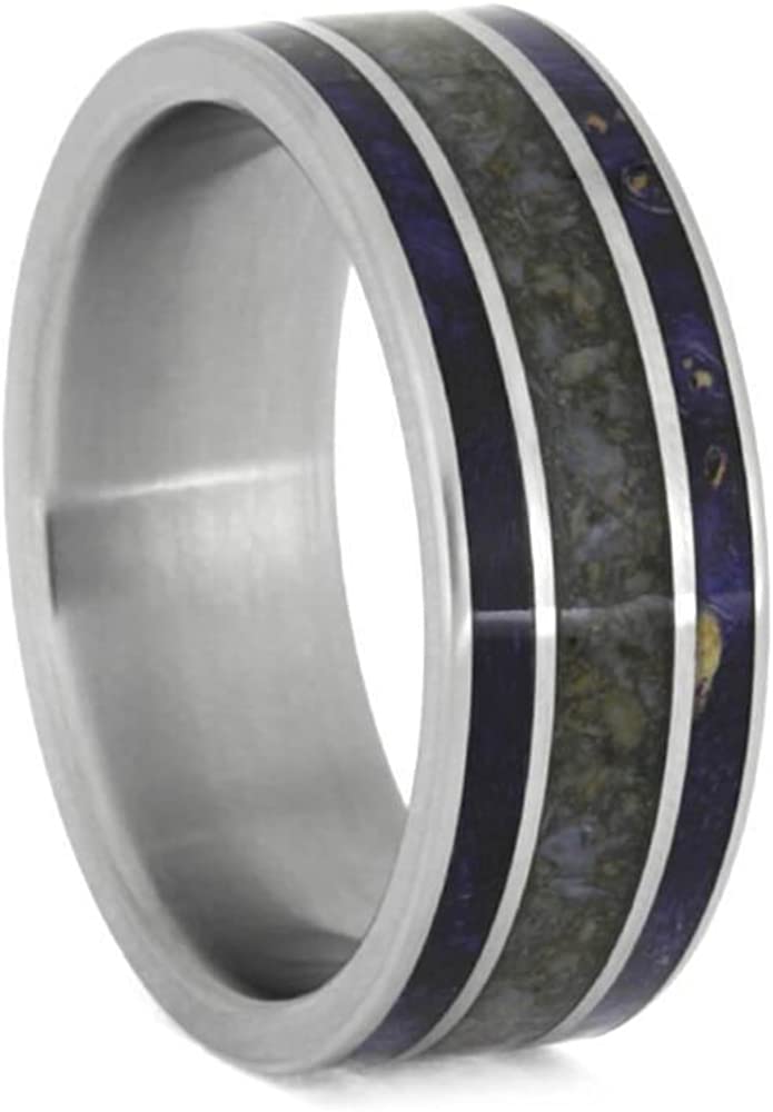 Crushed Dinosaur Bone, Blue Box Elder Burl Wood 8mm Matte Titanium Comfort-Fit Wedding Ring, Size 5.5