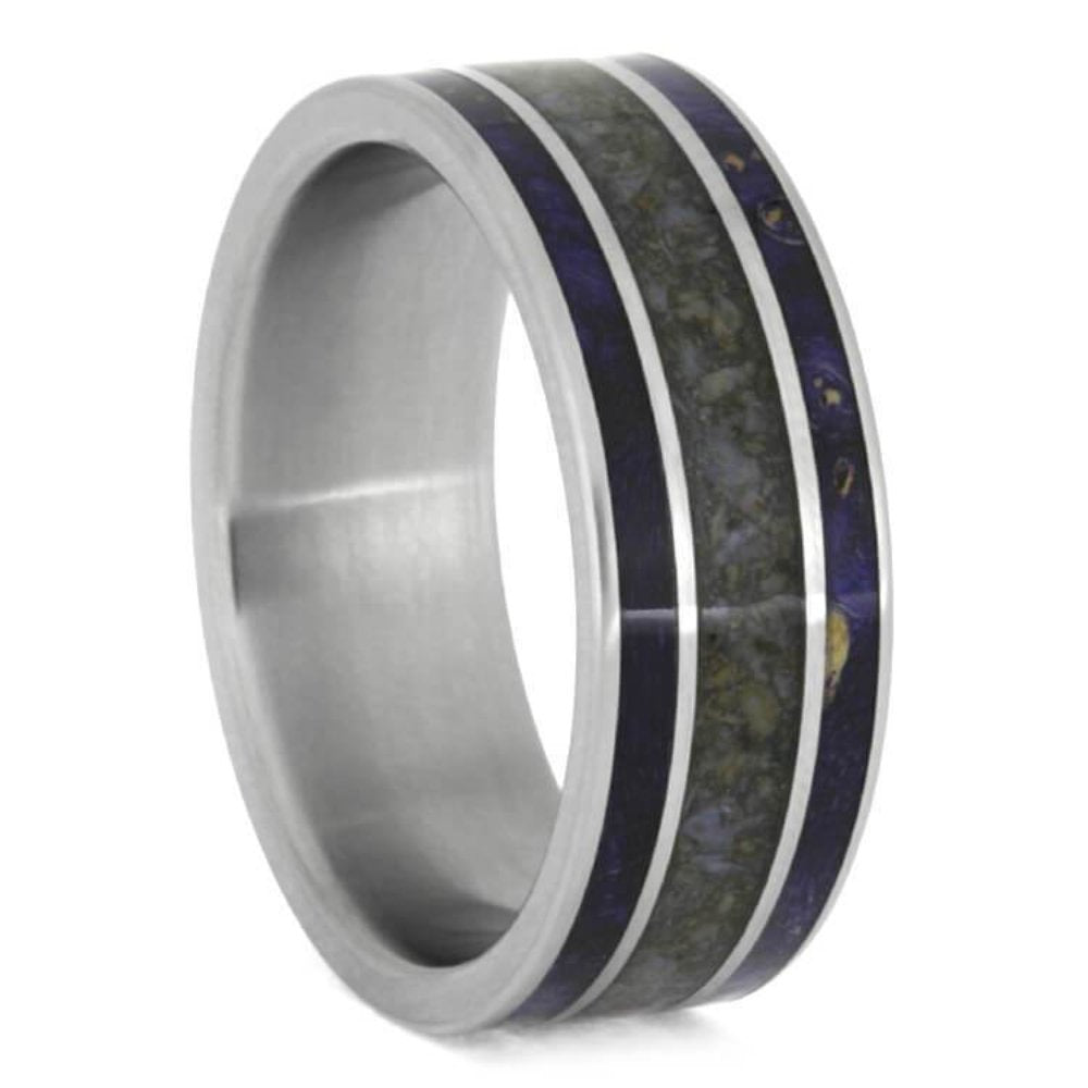 Crushed Dinosaur Bone, Blue Box Elder Burl Wood 8mm Matte Titanium Comfort-Fit Wedding Ring