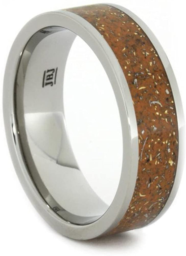 The Men's Jewelry Store (Unisex Jewelry) Orange Stardust with Meteorite and 14k Yellow Gold 7mm Comfort-Fit Titanium Ring, Size 4.5