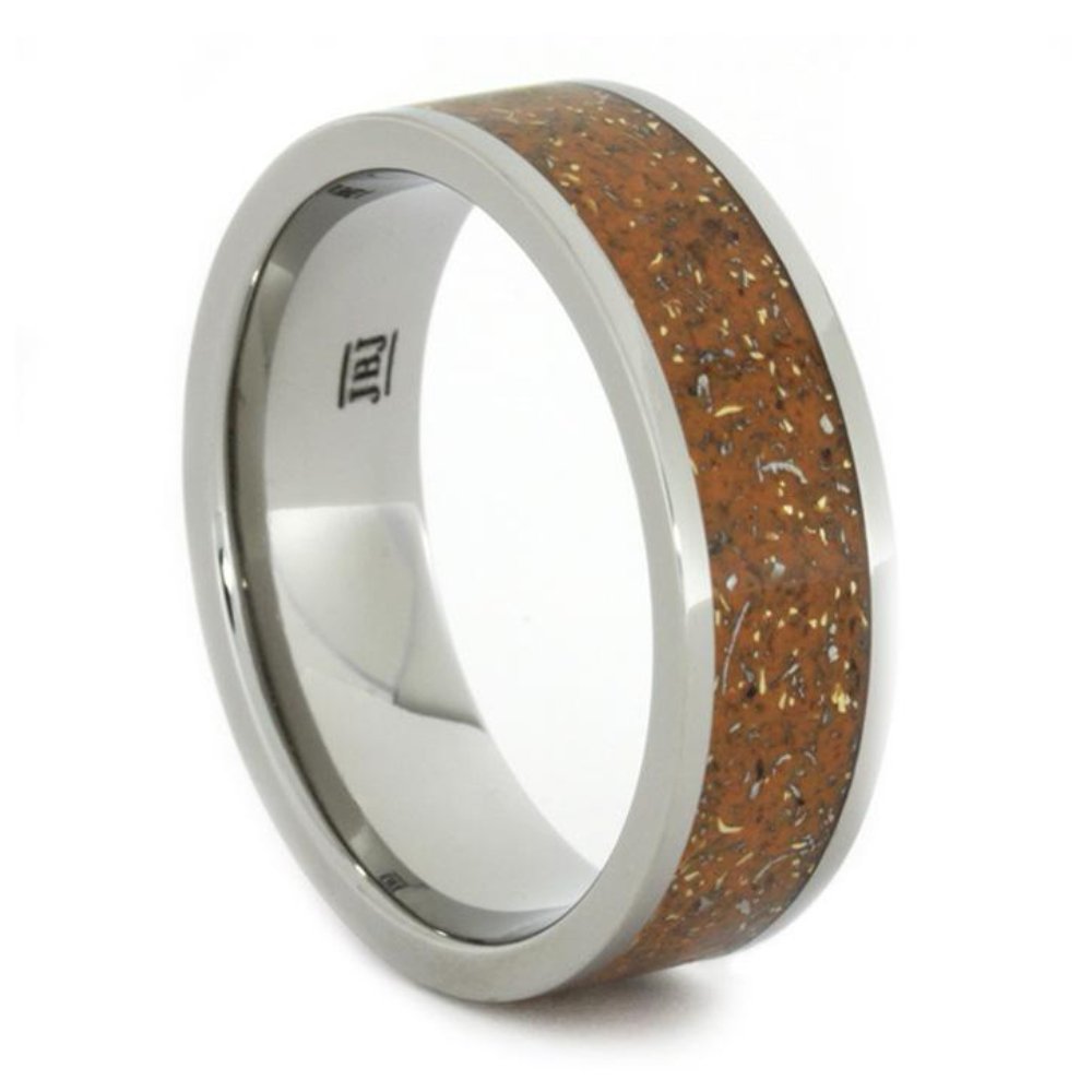 The Men's Jewelry Store (Unisex Jewelry) Orange Stardust with Meteorite and 14k Yellow Gold 7mm Comfort-Fit Titanium Ring