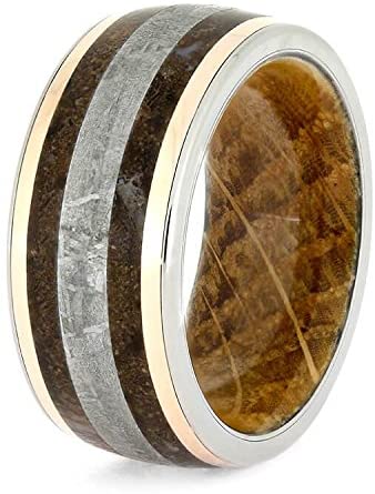 Gibeon Meteorite, Dinosaur Bone, 14k Rose Gold 10mm Titanium Comfort-Fit Whiskey Oak Wood Band, Size 15.75