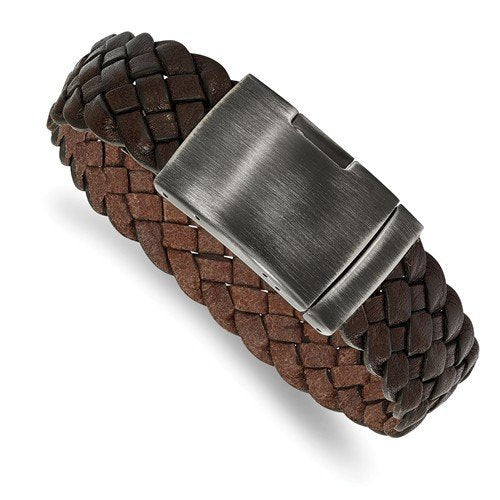 Men's Polished Stainless Steel and Brushed Brown Braided Leather Antiqued Bracelet, 9"