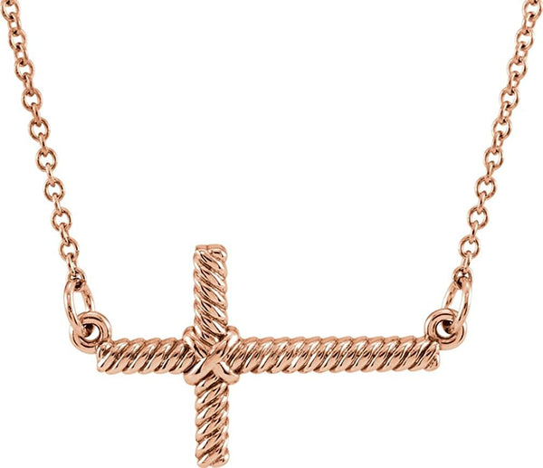 Rope-Trim Sideways Cross Necklace, 14k Rose Gold, 16.5" (11.3x20.15MM)