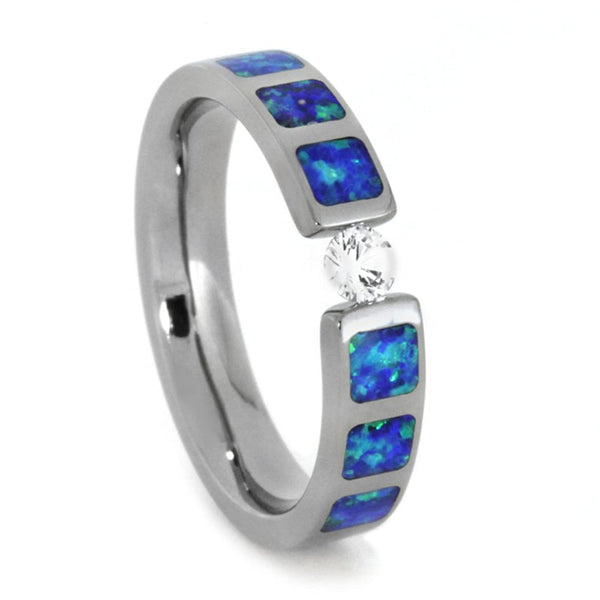 White Sapphire, Lab Created Blue and Green Opal Inlays 4mm Comfort-Fit Titanium Wedding Band