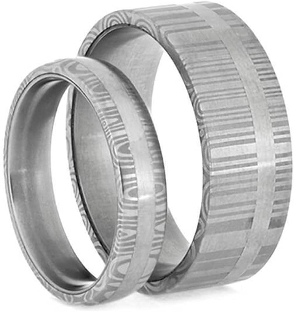 His and Hers Matte Grey Damascus Comfort-Fit Stainless Steel Wedding Rings Size, M9-F4