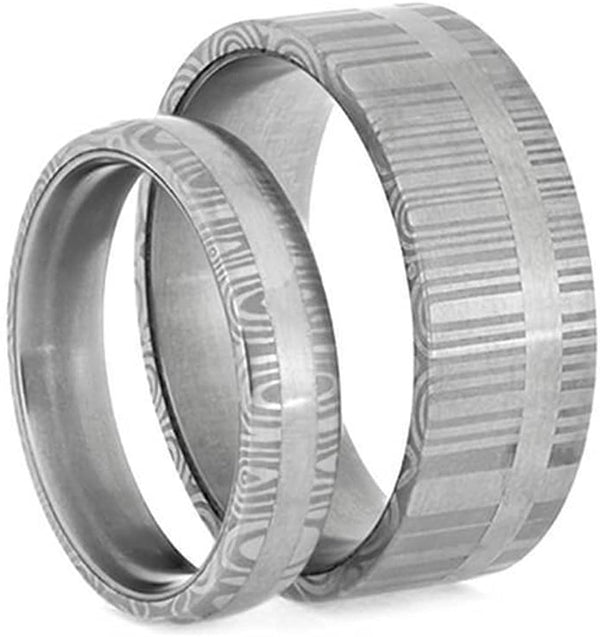 Damascus Steel Comfort-Fit Matte Stainless Steel His and Hers Wedding Rings Set Size, M14.5-F4.5