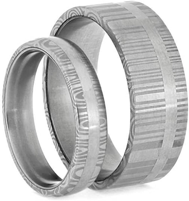 His and Hers Matte Grey Damascus Comfort-Fit Stainless Steel Wedding Rings Size, M13.5-F5