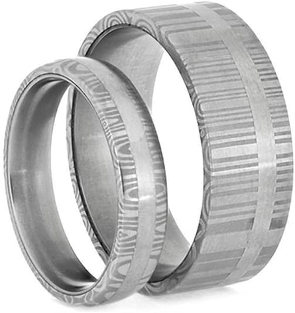His and Hers Matte Grey Damascus Comfort-Fit Stainless Steel Wedding Rings Size, M15-F5.5