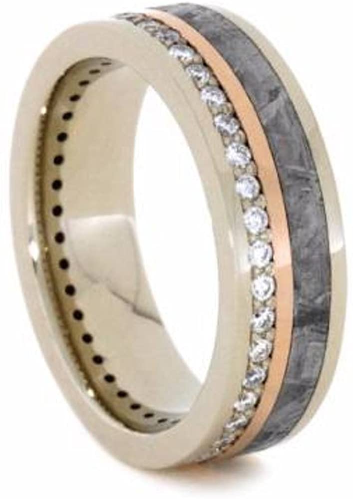 Diamond Eternity, Gibeon Meteorite, 14k Rose and White Gold Ring, Men's Gibeon Meteorite, 14k Rose Gold Stripe, Black Stardust, Titanium Band; His and Hers Wedding Set, M13.5-F8.5