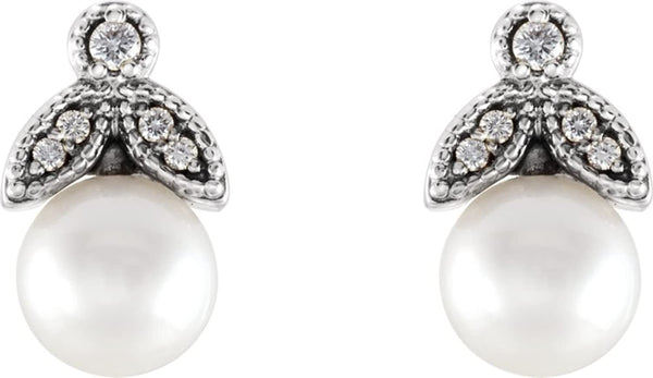 White Freshwater Cultured Pearl and Diamond Earrings, Sterling Silver (6-6.5MM) (.07 Ctw, GH Color, I1 Clarity)