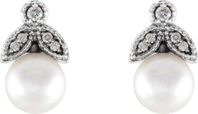 White Freshwater Cultured Pearl and Diamond Earrings, Sterling Silver (6-6.5MM) (.07 Ctw, GH Color, I1 Clarity)