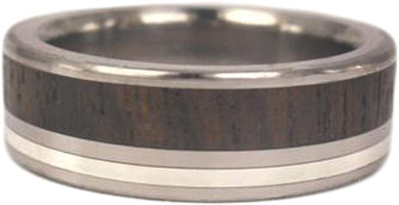 Ziricote Wood, Inlaid Sterling Silver 7mm Comfort-Fit Titanium Ring, Size 4.5