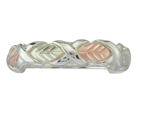 Grape Leaf Hugs and Kisses X 4.32mm Band, Sterling Silver, 12k Green and Rose Gold Black Hills Gold Motif