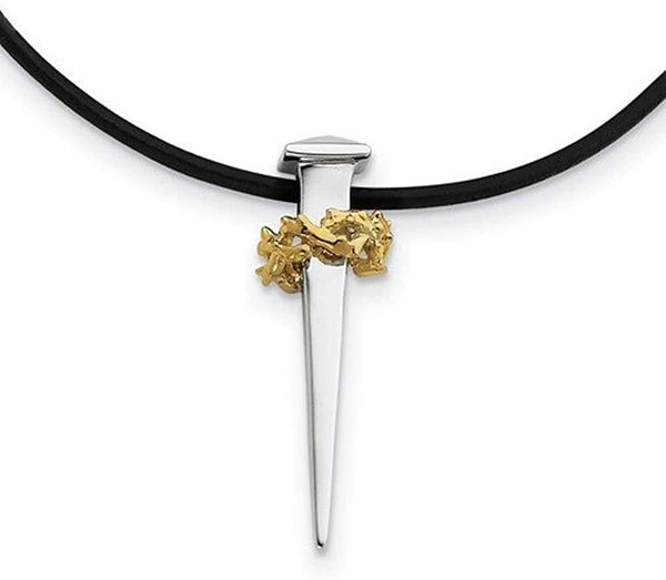 Rhodium-Plate Sterling Silver and Gold Plated 'No Greater Love' Carpenter Nail and Thorns Pendant Necklace, 16" (41x9MM)