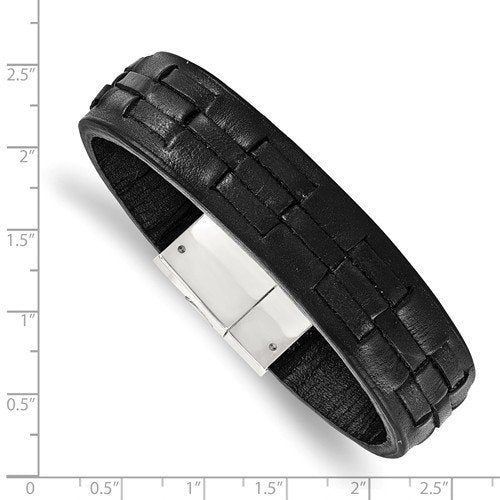 Men's Polished Stainless Steel Black Leather Bracelet, 8"