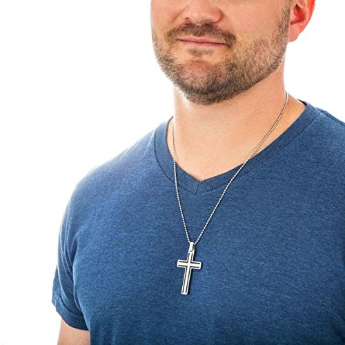 Men's Two-Tone, Black Outline Cross Pendant Necklace , Stainless Steel, 24"