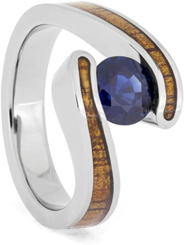 Blue Sapphire, Koa Wood 10mm Titanium Comfort-Fit Engagement Wedding Ring , Size 4.75