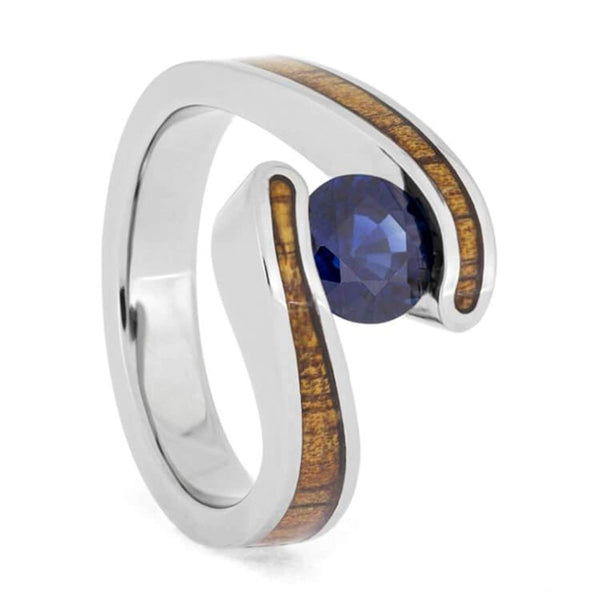 Blue Sapphire, Koa Wood 10mm Titanium Comfort-Fit Engagement Wedding Ring